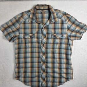 Arizona Jean Co Western Shirt Mens Large Blue Tan Plaid Pearl Snap Good S/S